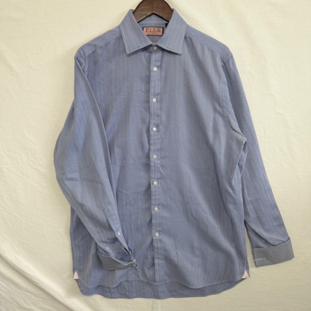 Thomas Pink Dress Shirt Mens 16.5 35.5 Blue Excellent Prestige Herringbone